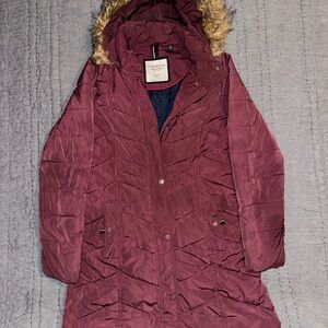 TOMMY HILFIGER Women's Puffer Jacket Size S Insulated Full Zip Faux Fur Red